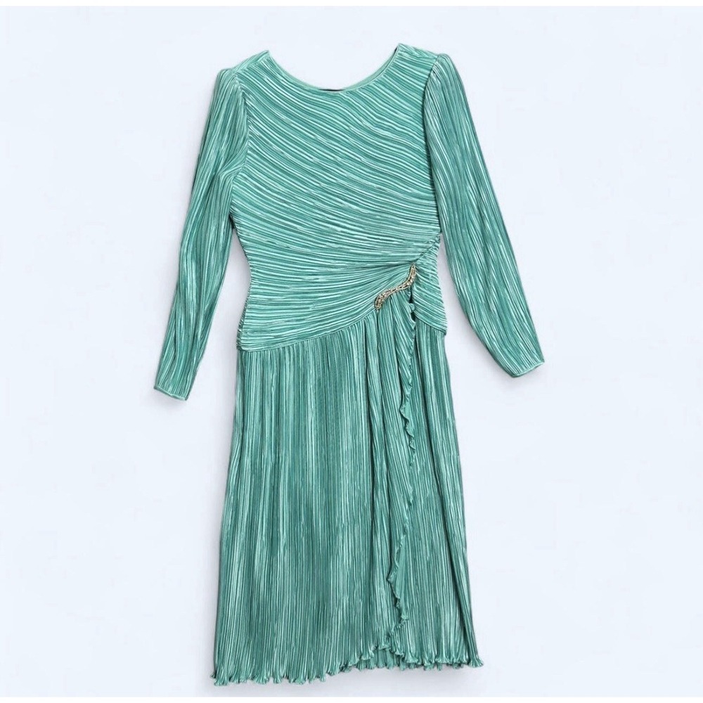 Vintage 80s George F. Couture Turquoise Plisse Satin Prom Gown Sz 10 Mermaidcore
